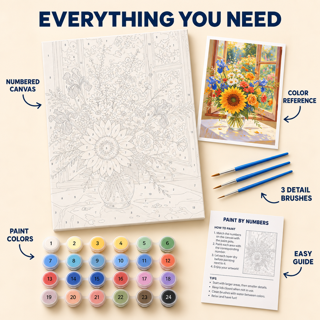 Sunny Window Bouquet paint by numbers kit with numbered canvas, 24 colors, brushes and guide