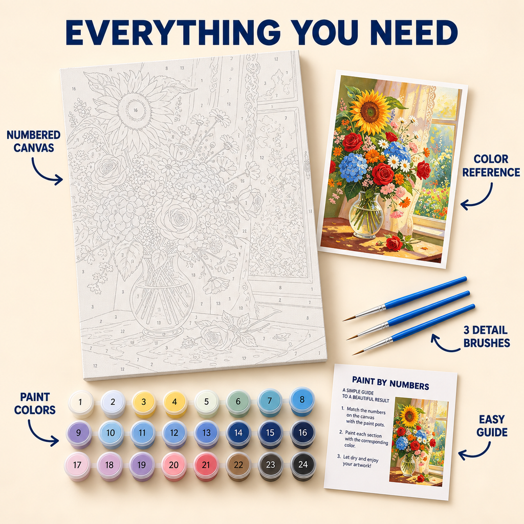 Window Garden paint by numbers kit with numbered canvas, 24 colors, brushes and guide
