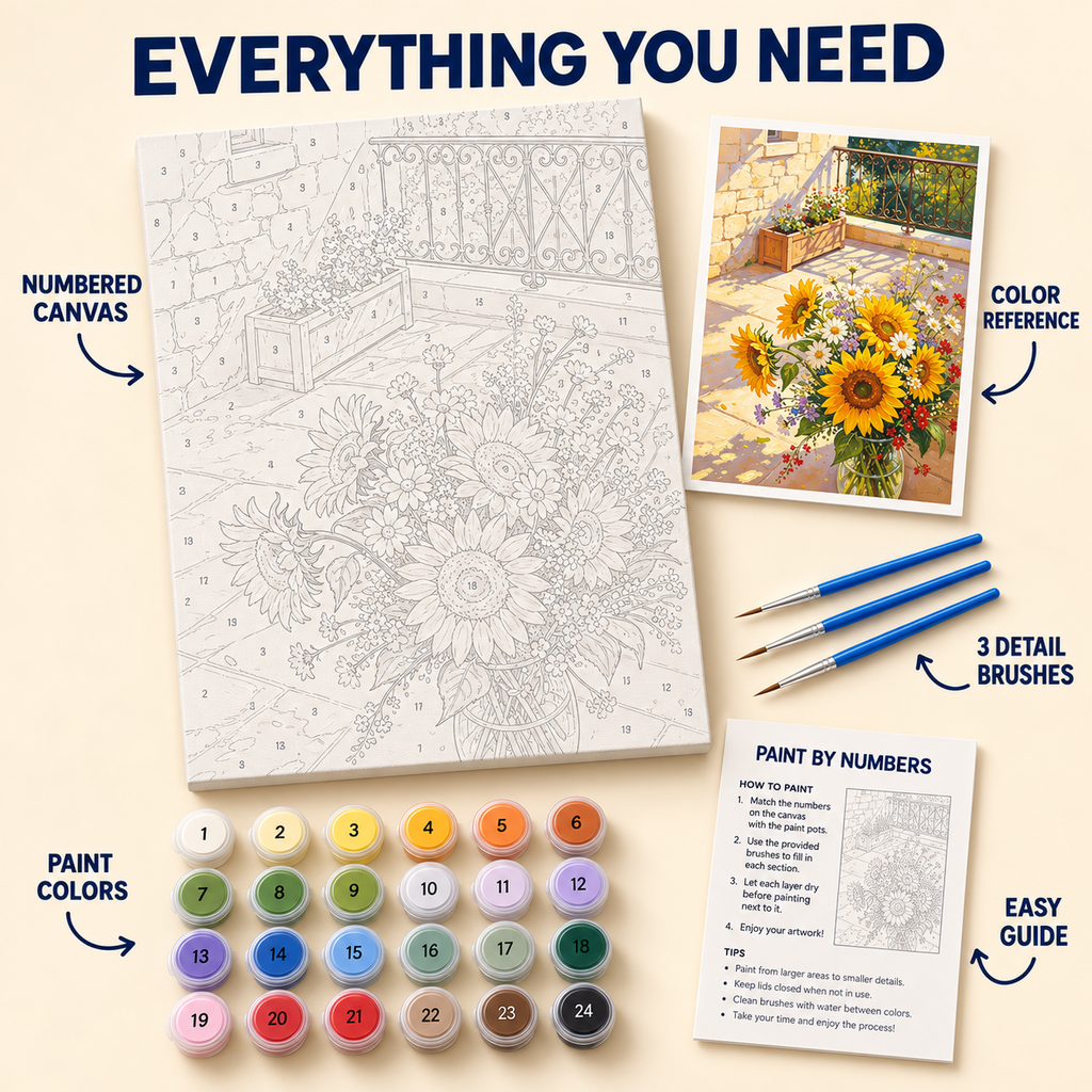 Sunflower Terrace paint by numbers kit with numbered canvas, 24 colors, brushes and guide