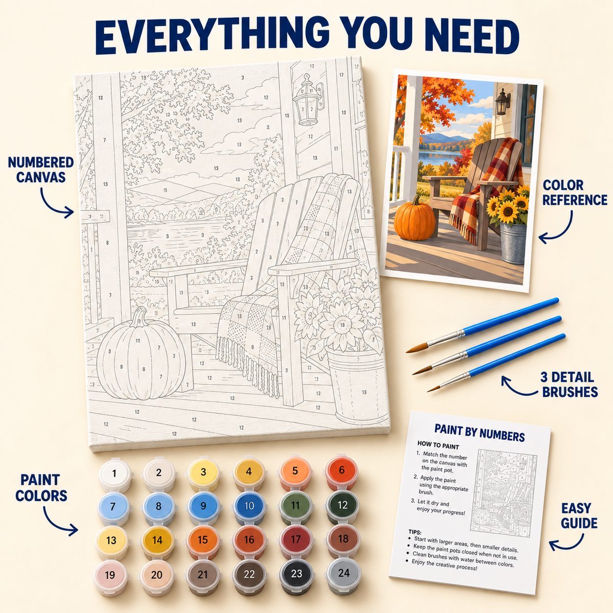 Autumn Porch paint by numbers kit with numbered canvas, 24 colors, brushes and guide