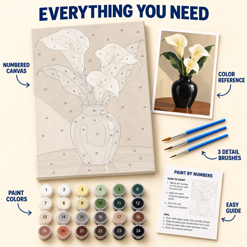 Ivory Calla Lilies paint by numbers kit with numbered canvas, 24 colors, brushes and guide