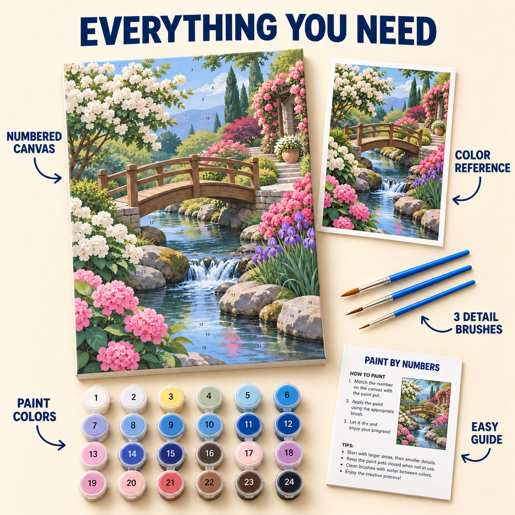 Garden Bridge paint by numbers kit with numbered canvas, 24 colors, brushes and guide