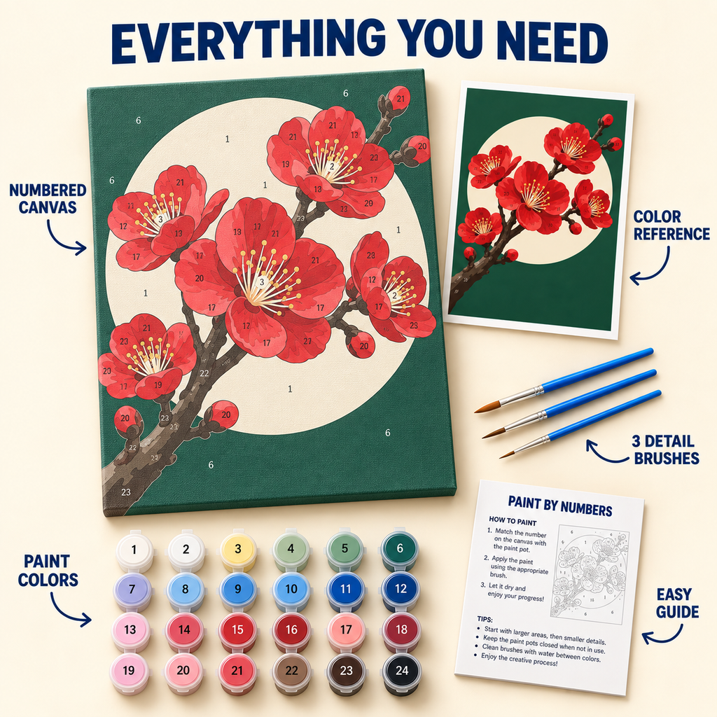 Scarlet Plum Blossoms paint by numbers kit with numbered canvas, 24 colors, brushes and guide