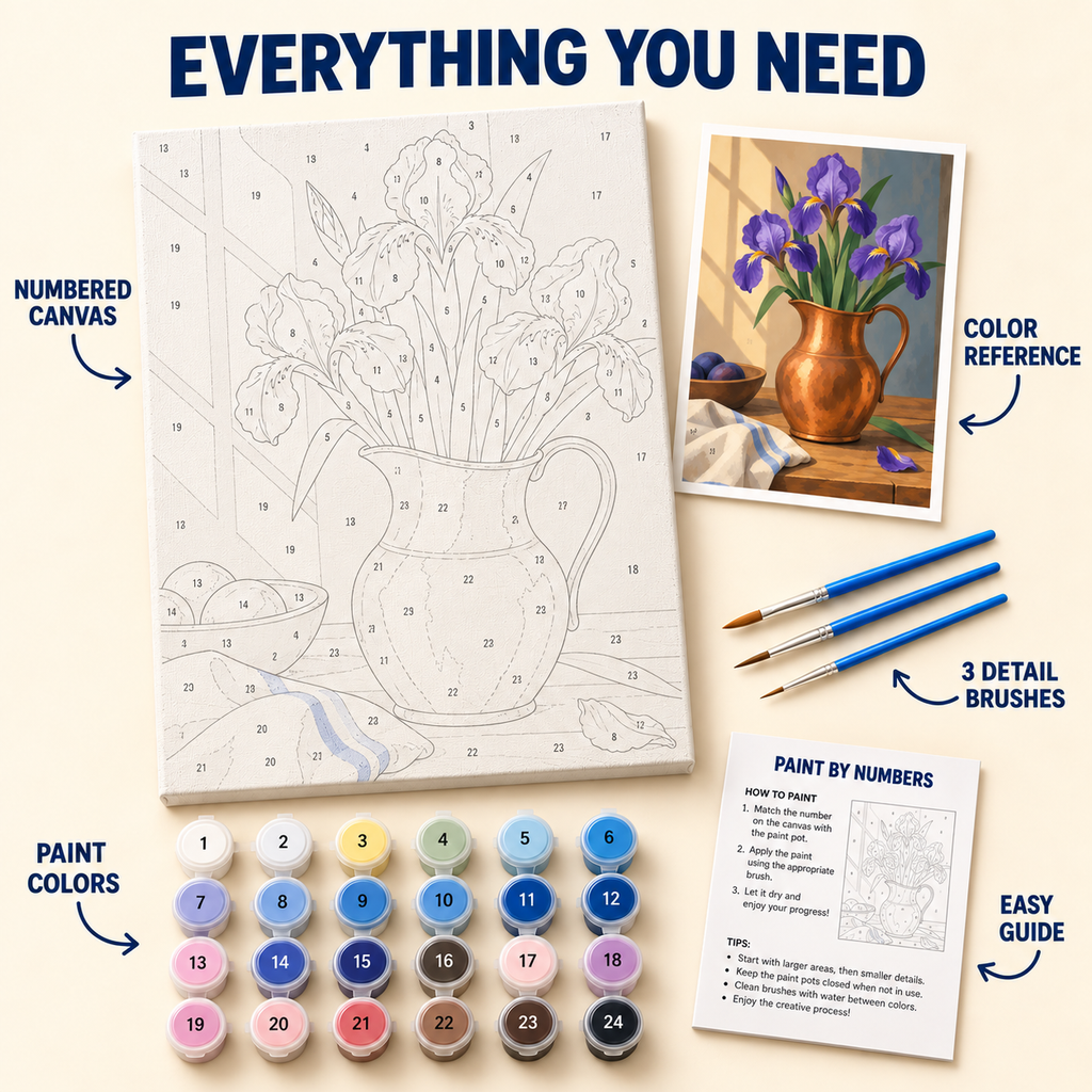 Copper Iris paint by numbers kit with numbered canvas, 24 colors, brushes and guide