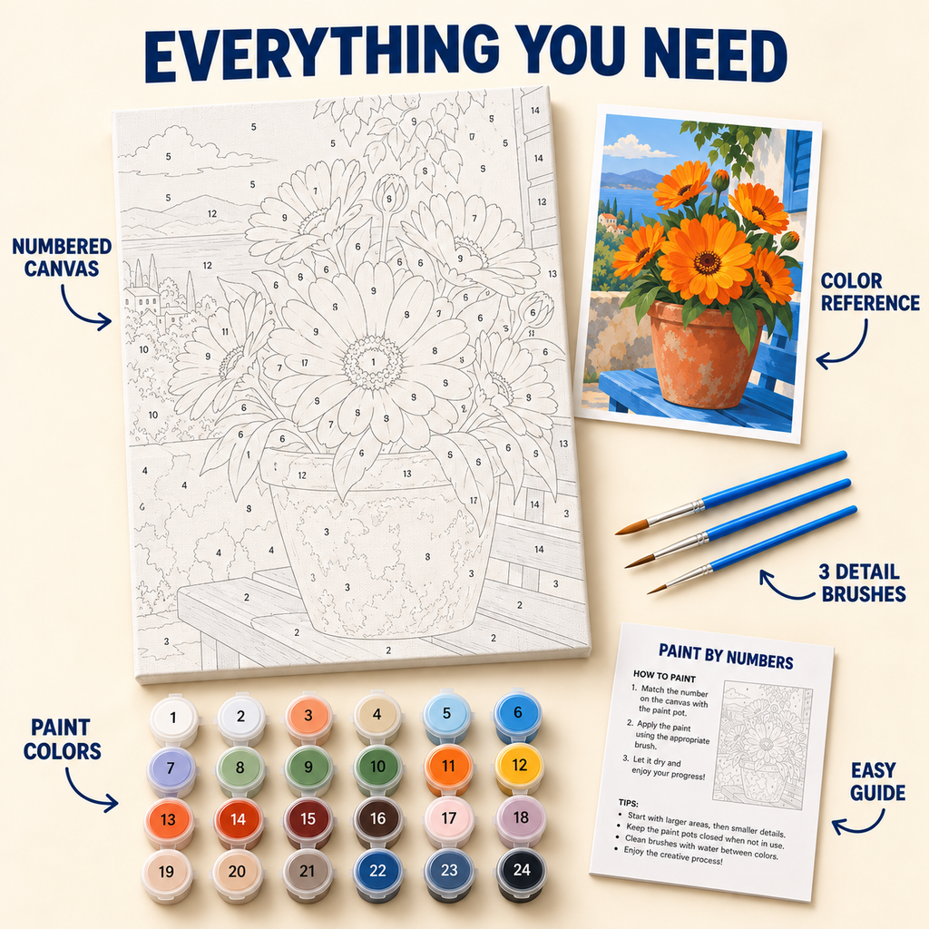 Orange Gerberas paint by numbers kit with numbered canvas, 24 colors, brushes and guide