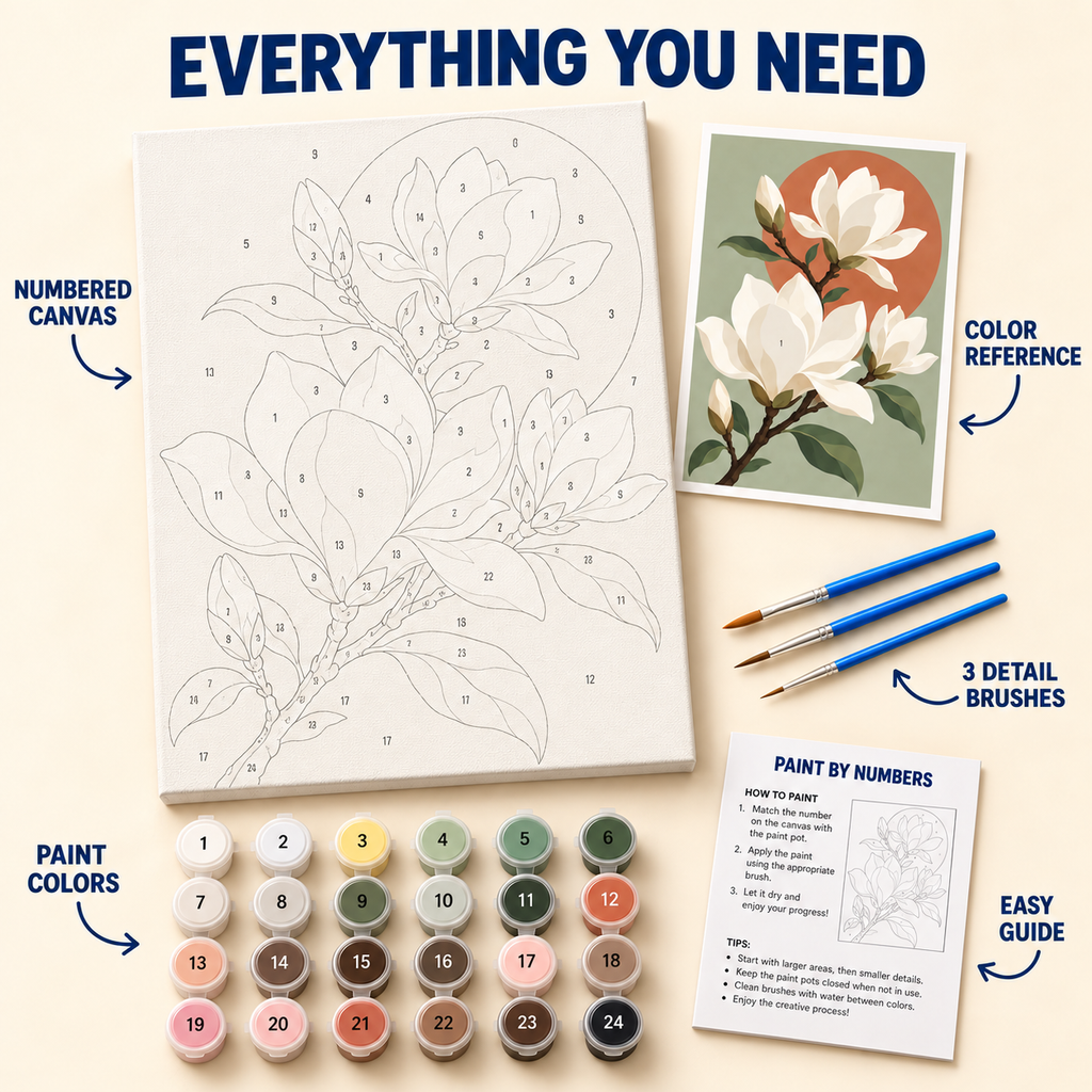 Magnolia Harmony paint by numbers kit with numbered canvas, 24 colors, brushes and guide
