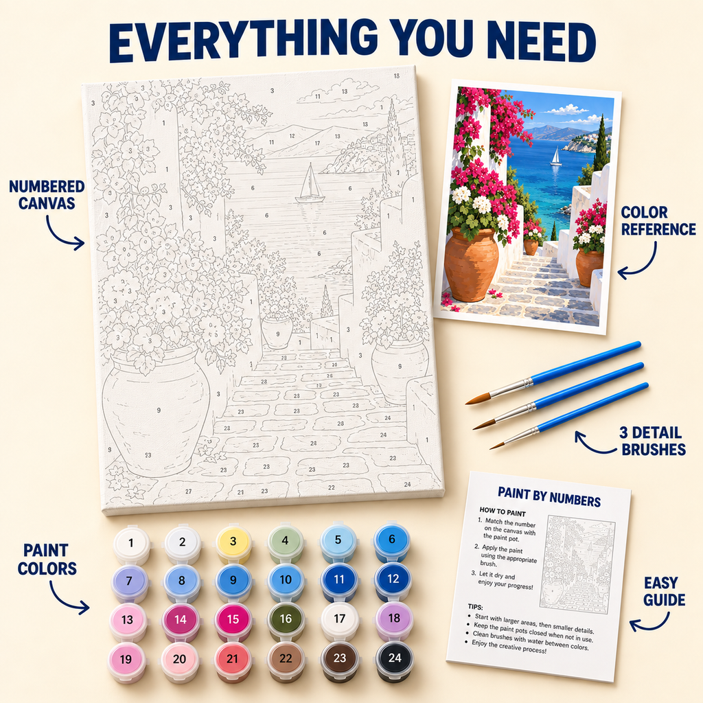 Aegean Blooms paint by numbers kit with numbered canvas, 24 colors, brushes and guide