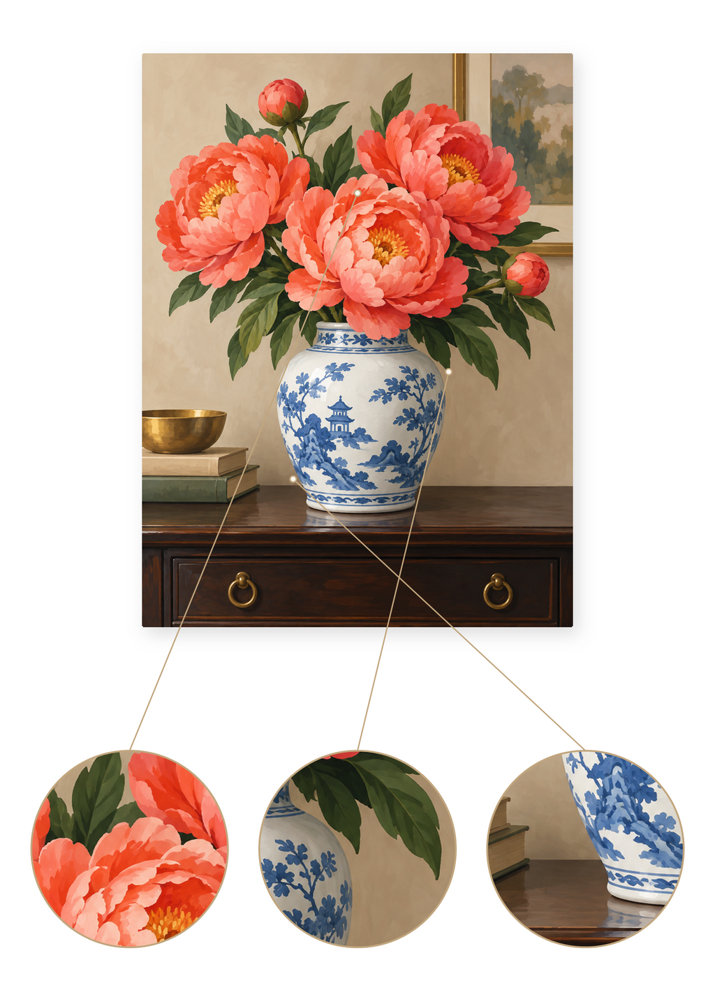 Porcelain Peonies finished artwork detail