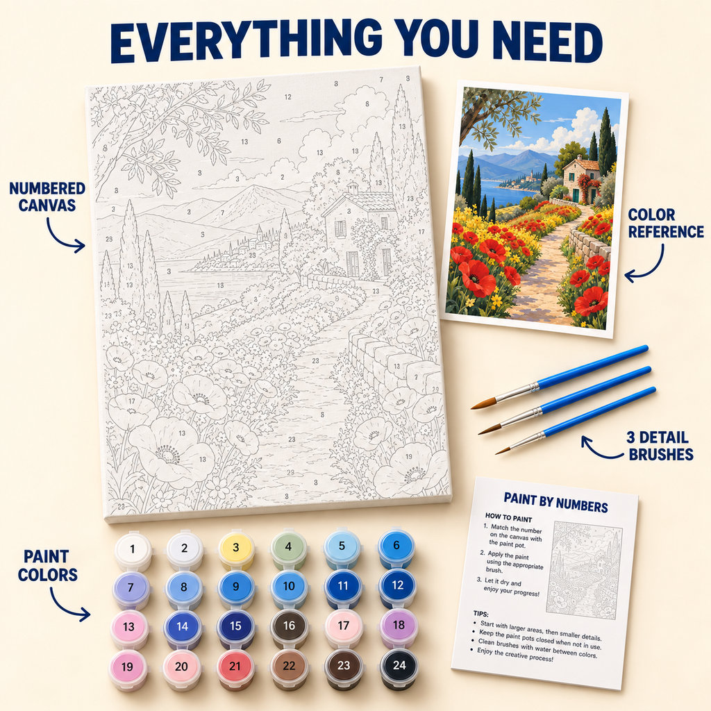 Tuscan Poppy Path paint by numbers kit with numbered canvas, 24 colors, brushes and guide