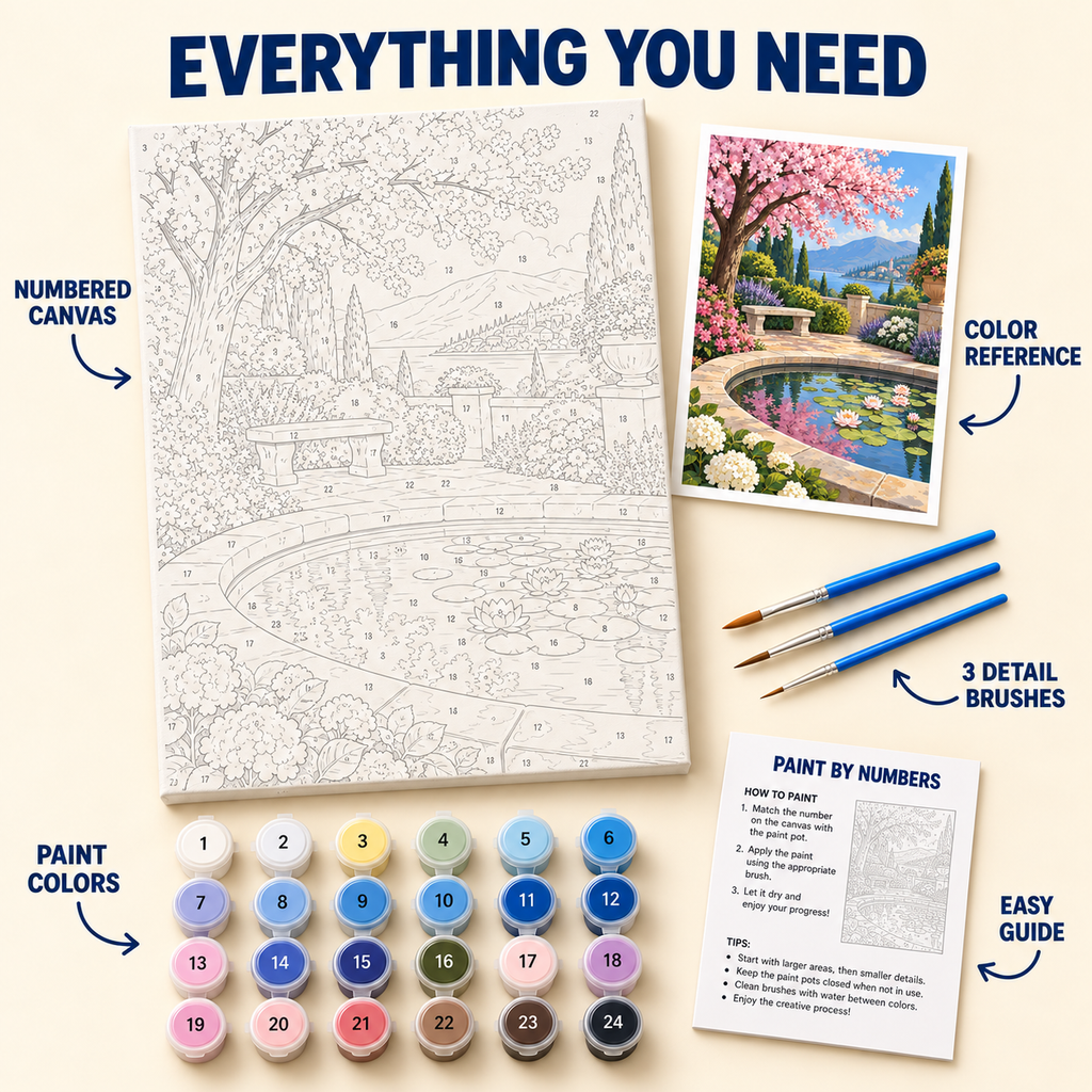 Cherry Blossom Pond paint by numbers kit with numbered canvas, 24 colors, brushes and guide