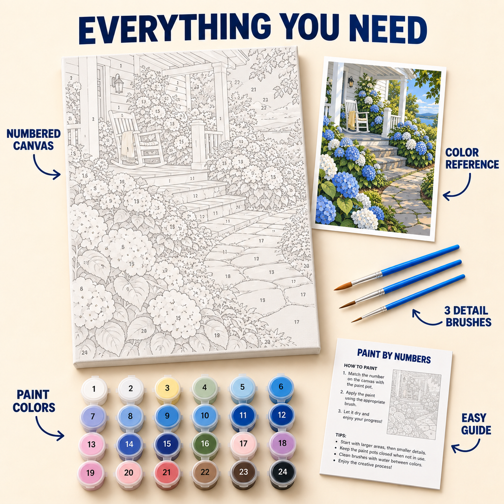 Hydrangea Cottage paint by numbers kit with numbered canvas, 24 colors, brushes and guide