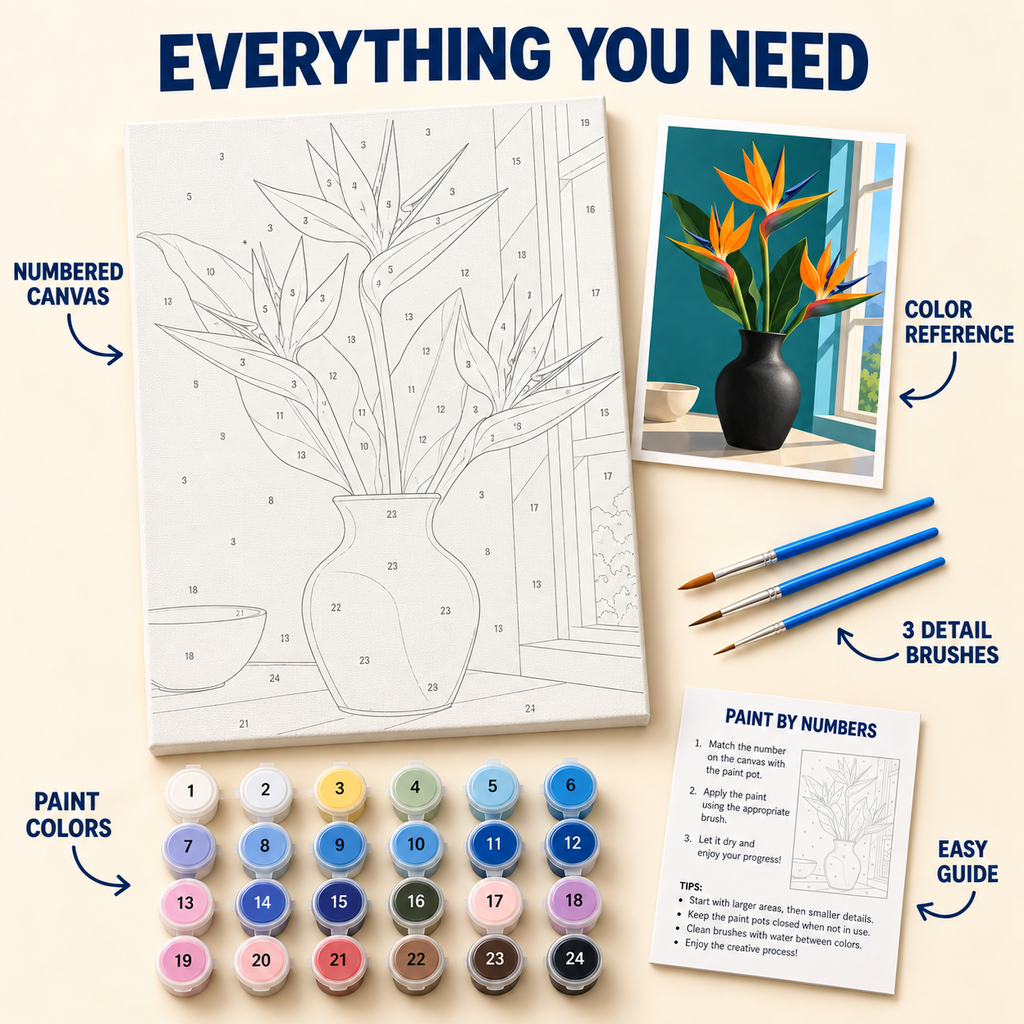 Bird of Paradise paint by numbers kit with numbered canvas, 24 colors, brushes and guide