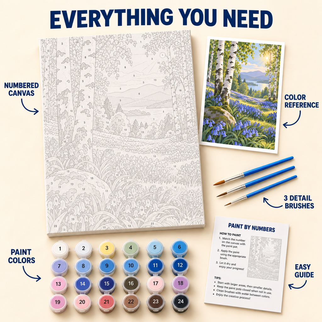 Bluebell Birch Grove paint by numbers kit with numbered canvas, 24 colors, brushes and guide