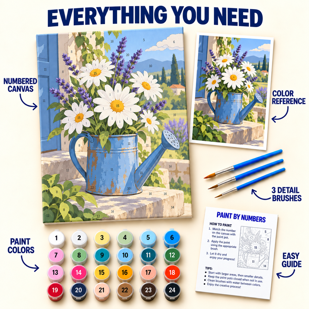 Daisy Watering Can paint by numbers kit with numbered canvas, 24 colors, brushes and guide