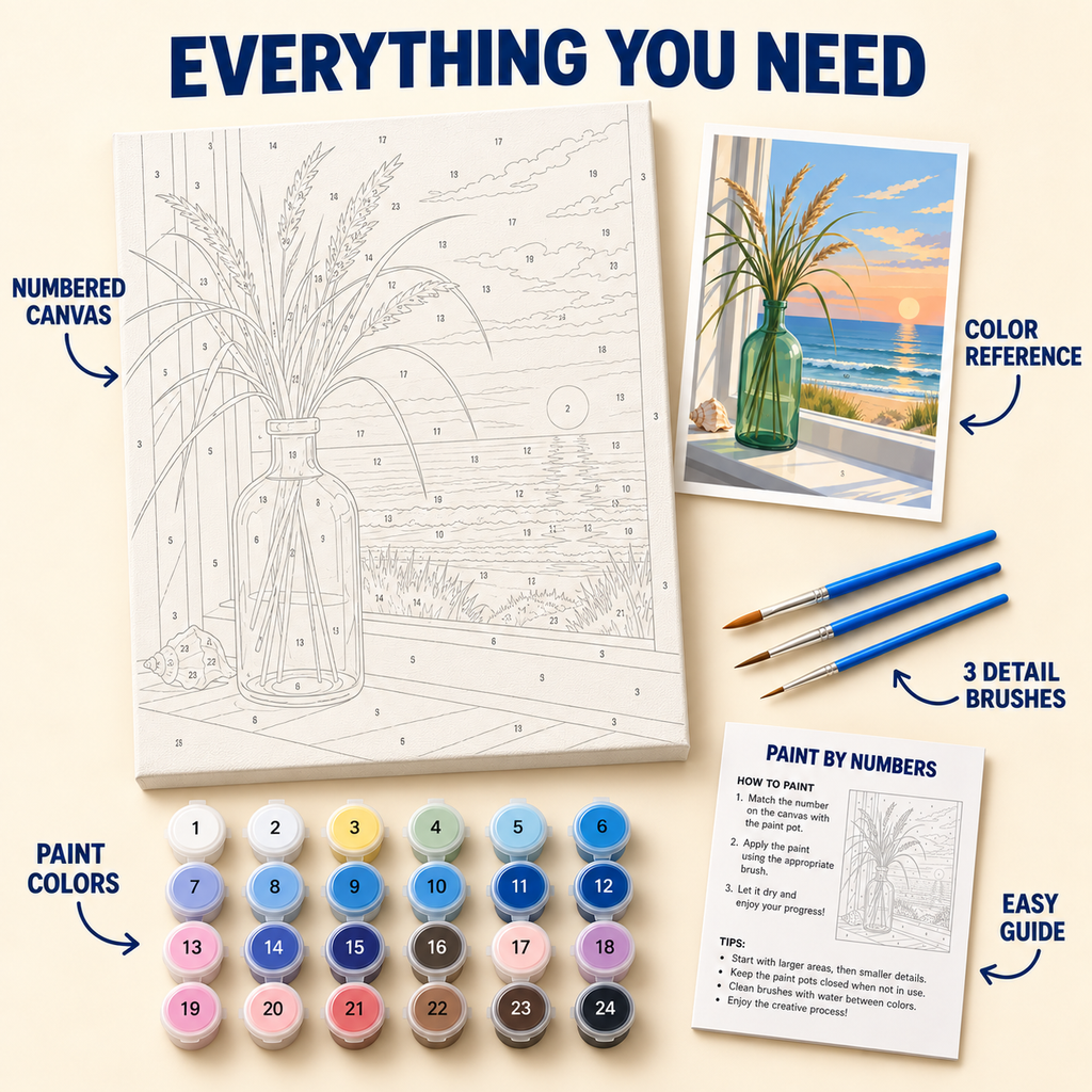 Seaside Grasses paint by numbers kit with numbered canvas, 24 colors, brushes and guide