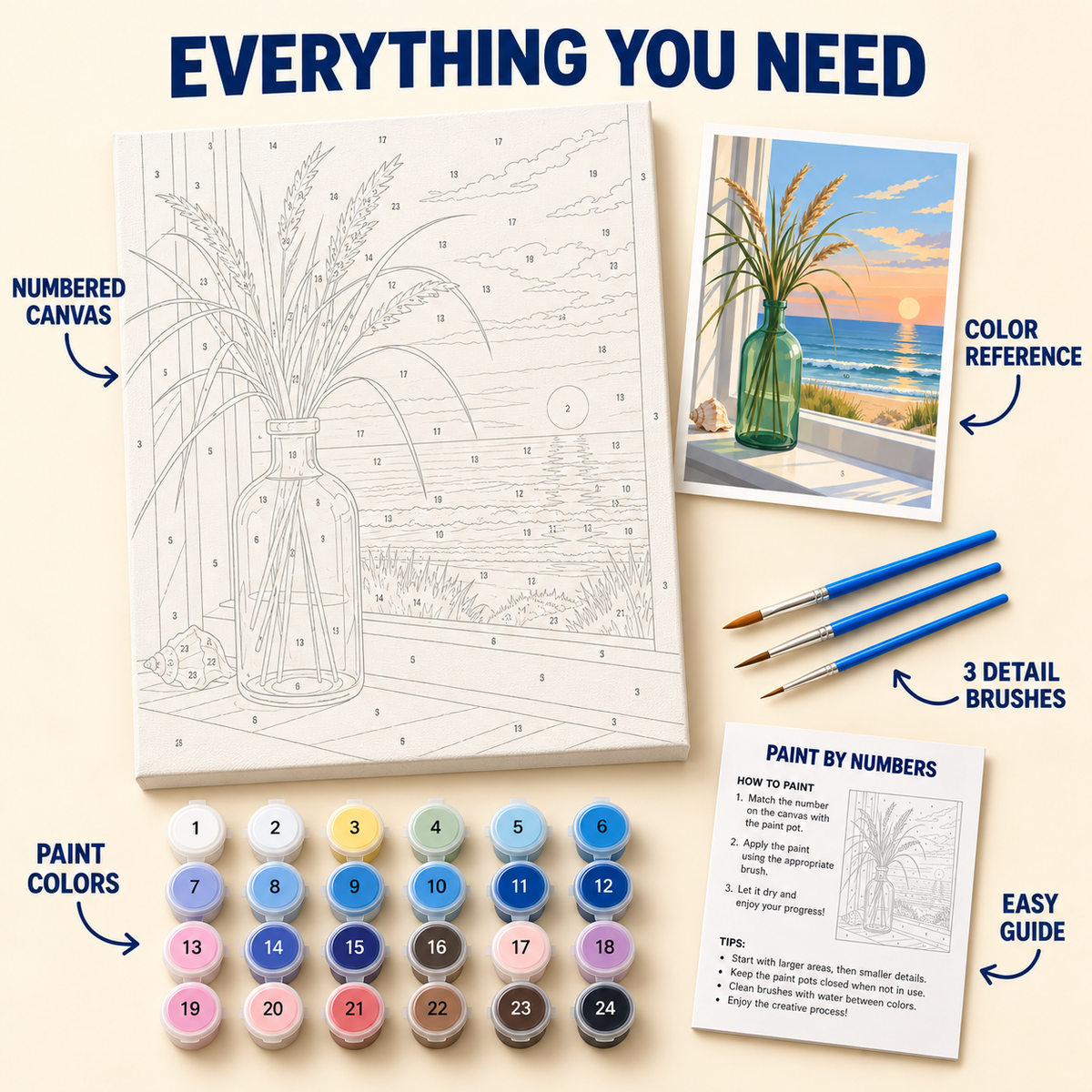 Seaside Grasses paint by numbers kit with numbered canvas, 24 colors, brushes and guide