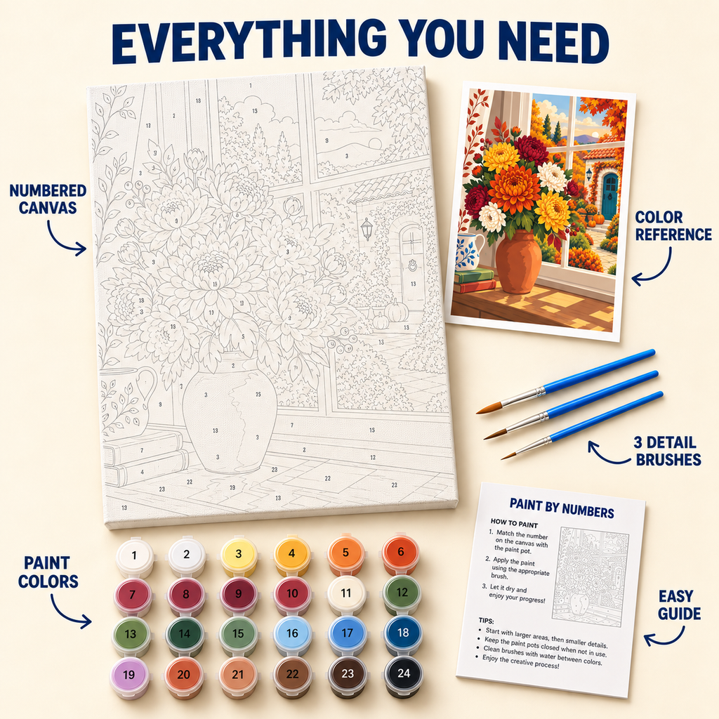 Autumn Window Bouquet paint by numbers kit with numbered canvas, 24 colors, brushes and guide
