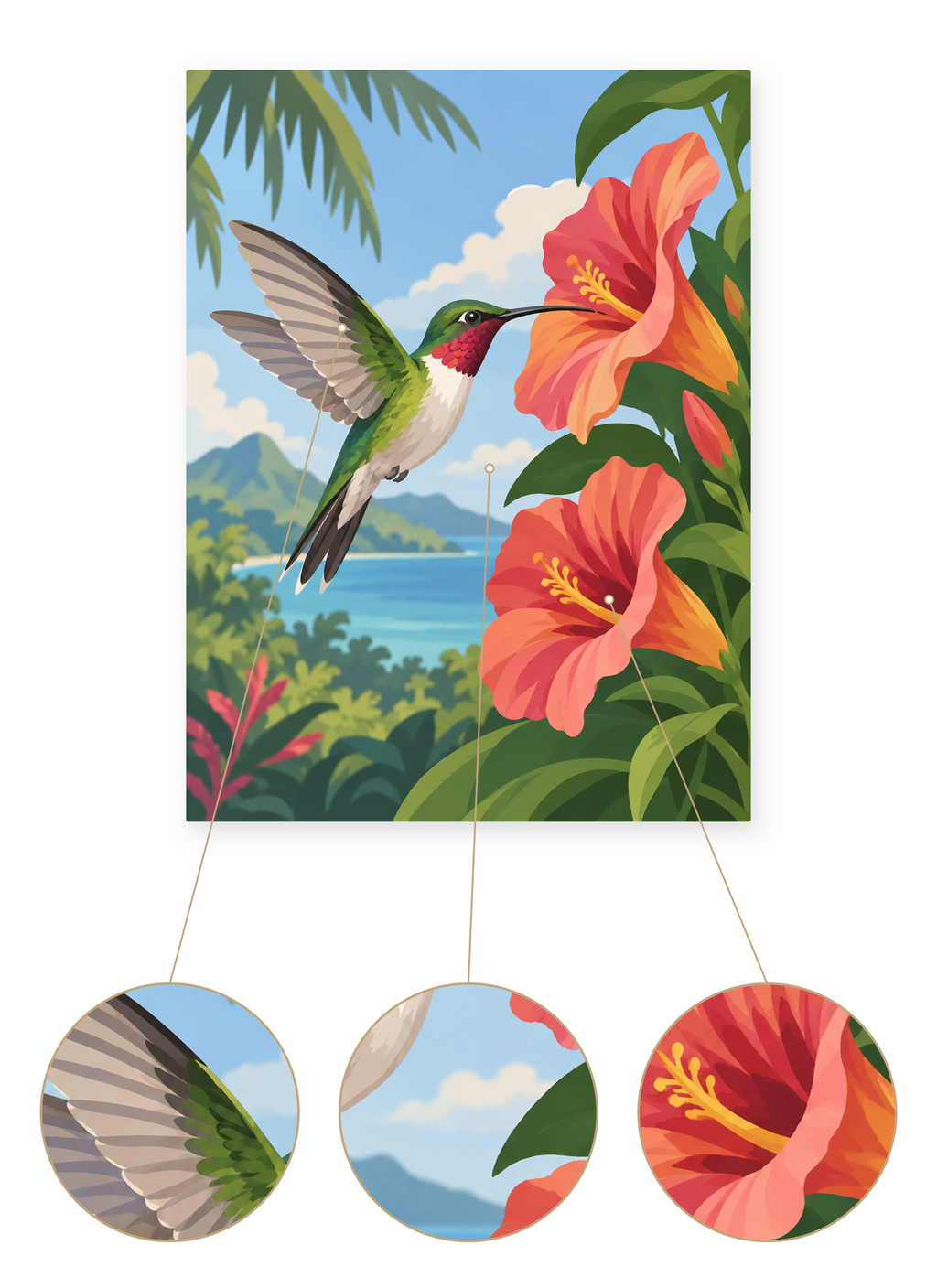 Hummingbird Hibiscus finished artwork detail