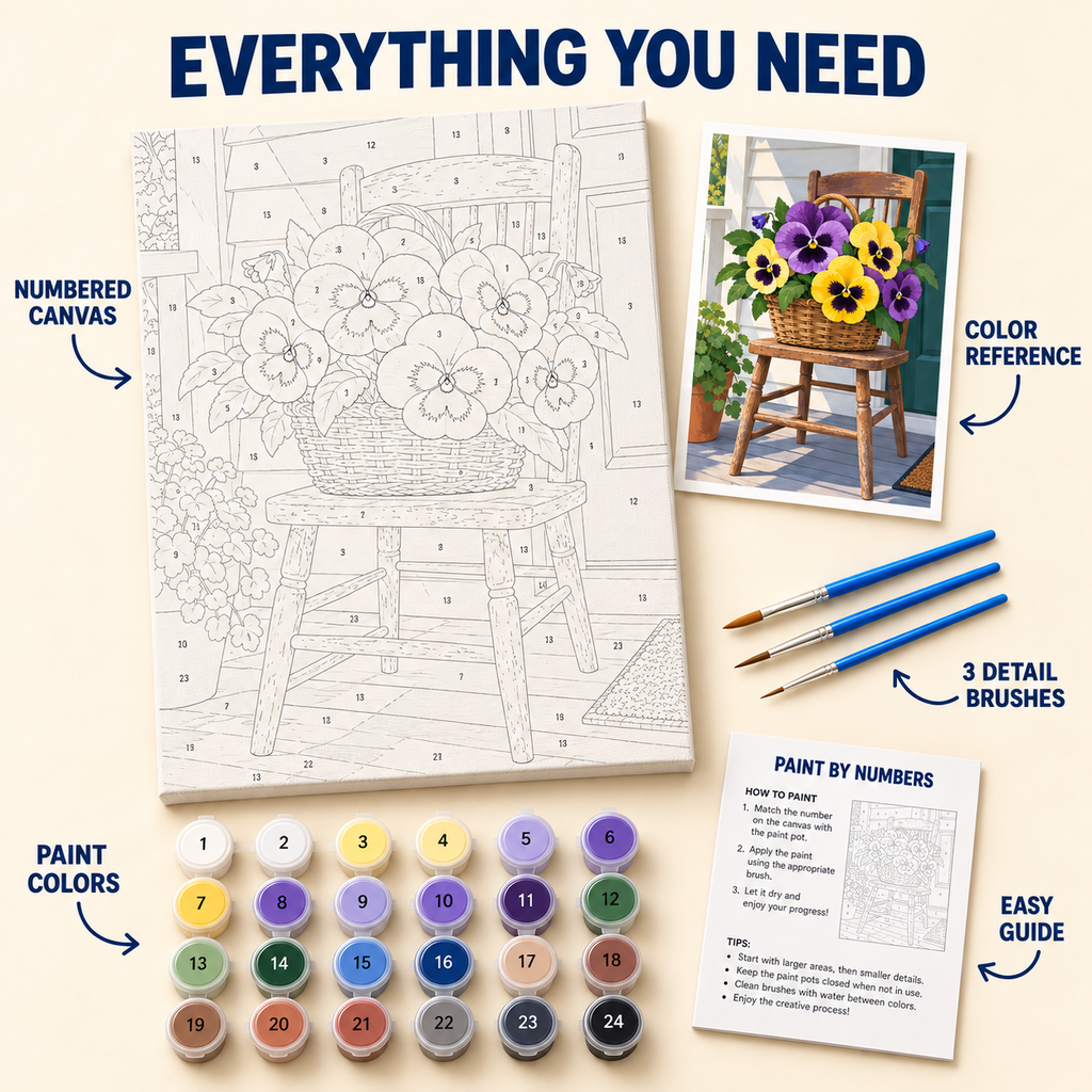 Pansy Basket paint by numbers kit with numbered canvas, 24 colors, brushes and guide