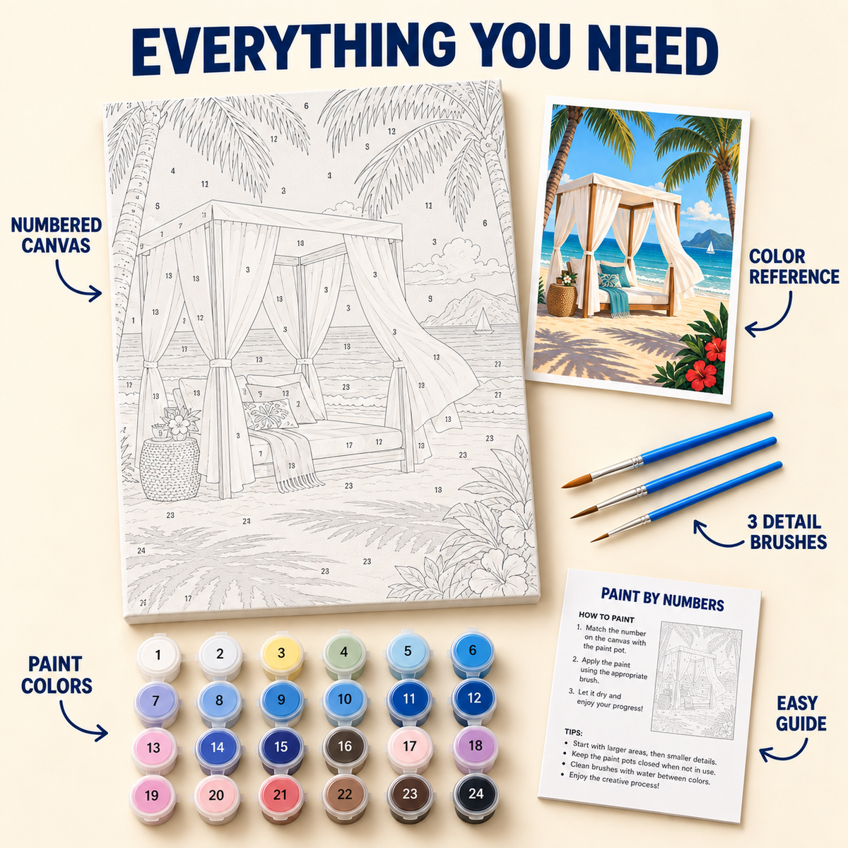 Tropical Beach Cabana paint by numbers kit with numbered canvas, 24 colors, brushes and guide