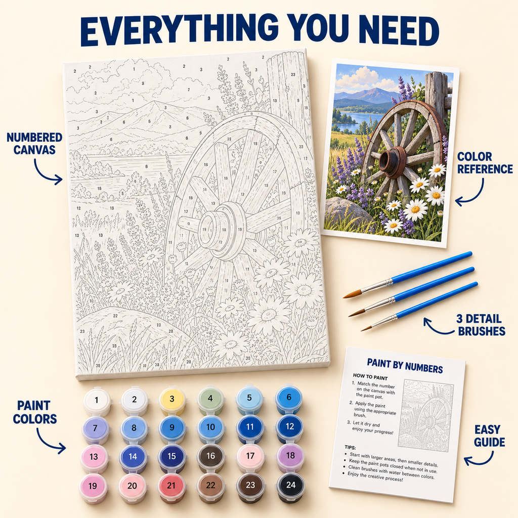 Wagon Wheel Meadow paint by numbers kit with numbered canvas, 24 colors, brushes and guide