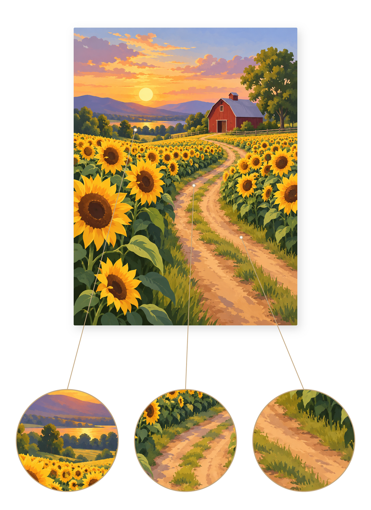 Sunset Sunflower Farm finished artwork detail