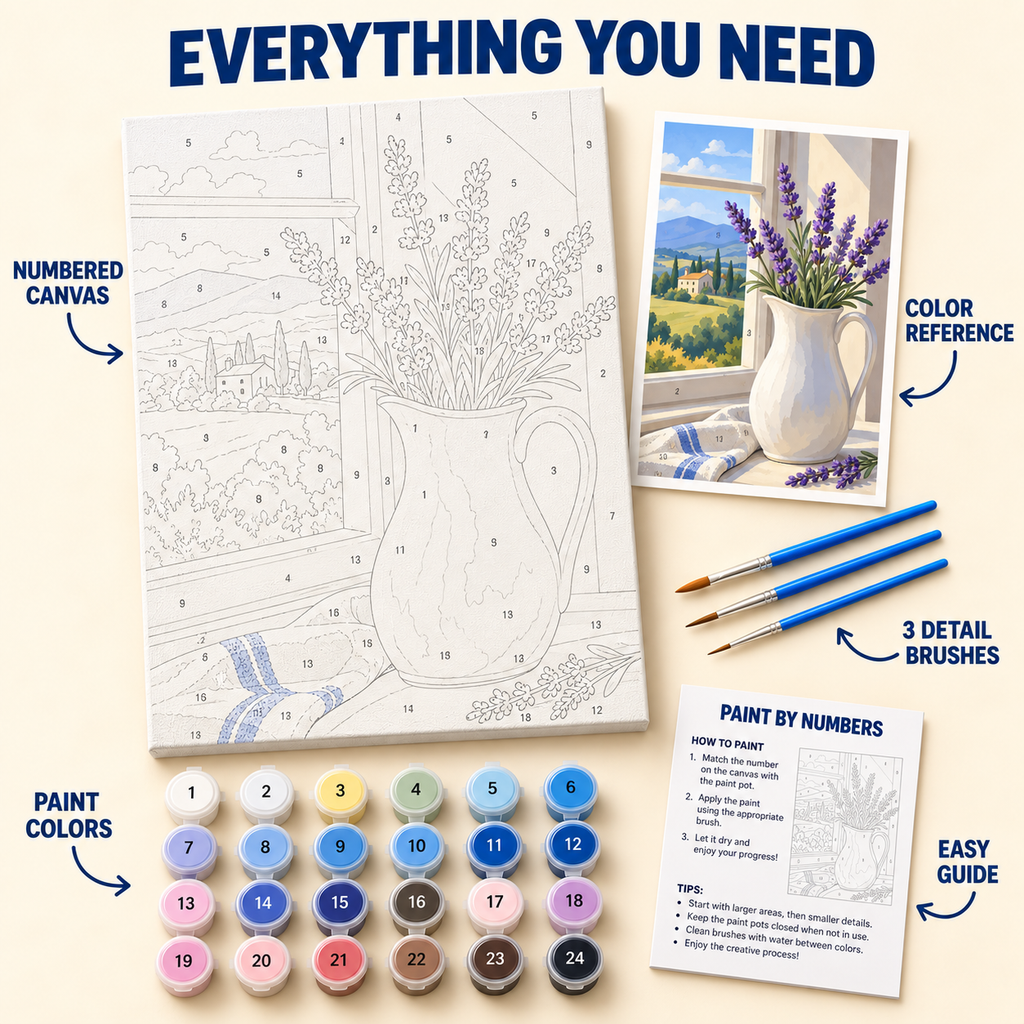 Lavender Window paint by numbers kit with numbered canvas, 24 colors, brushes and guide