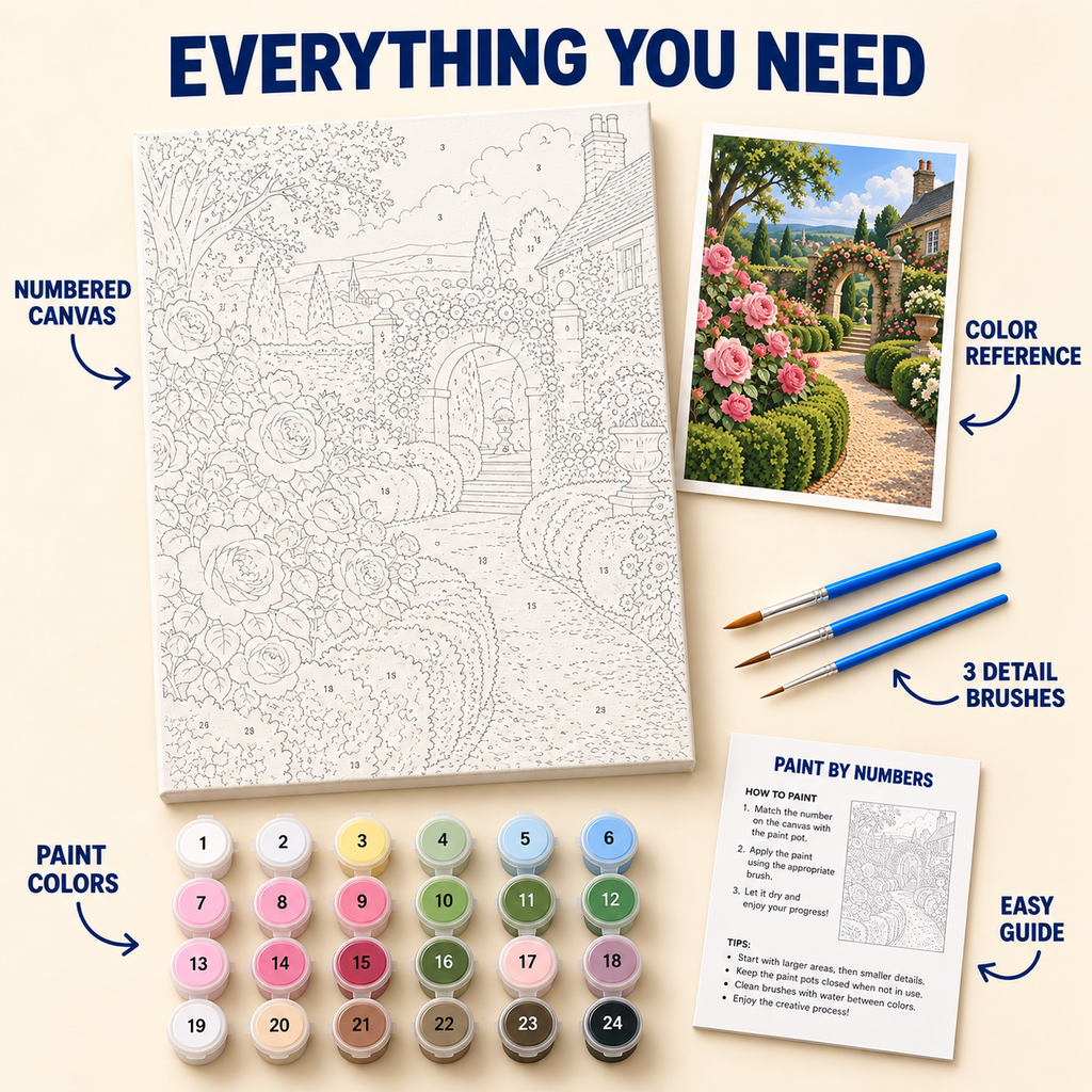 Rose Garden Path paint by numbers kit with numbered canvas, 24 colors, brushes and guide