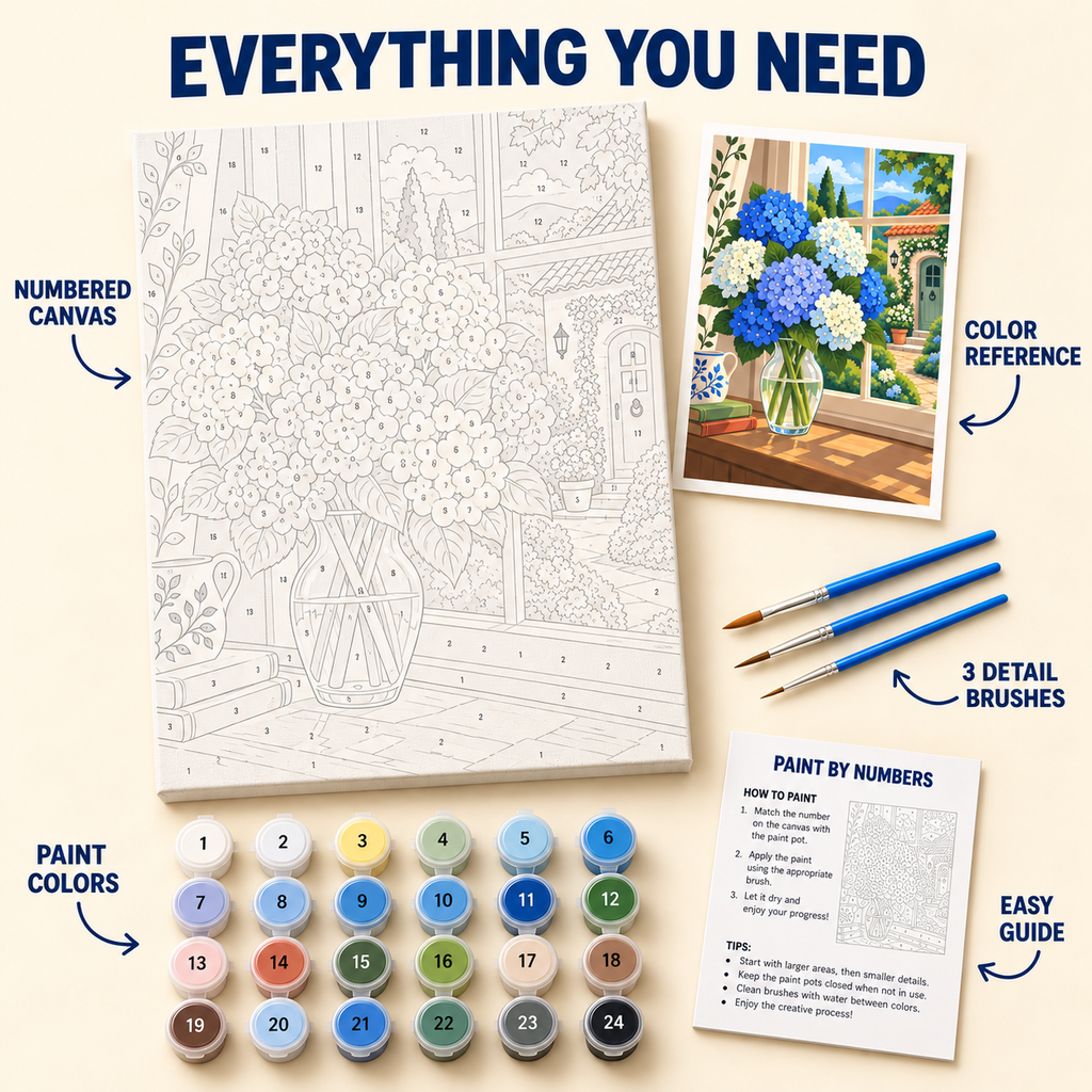 Hydrangea Window paint by numbers kit with numbered canvas, 24 colors, brushes and guide