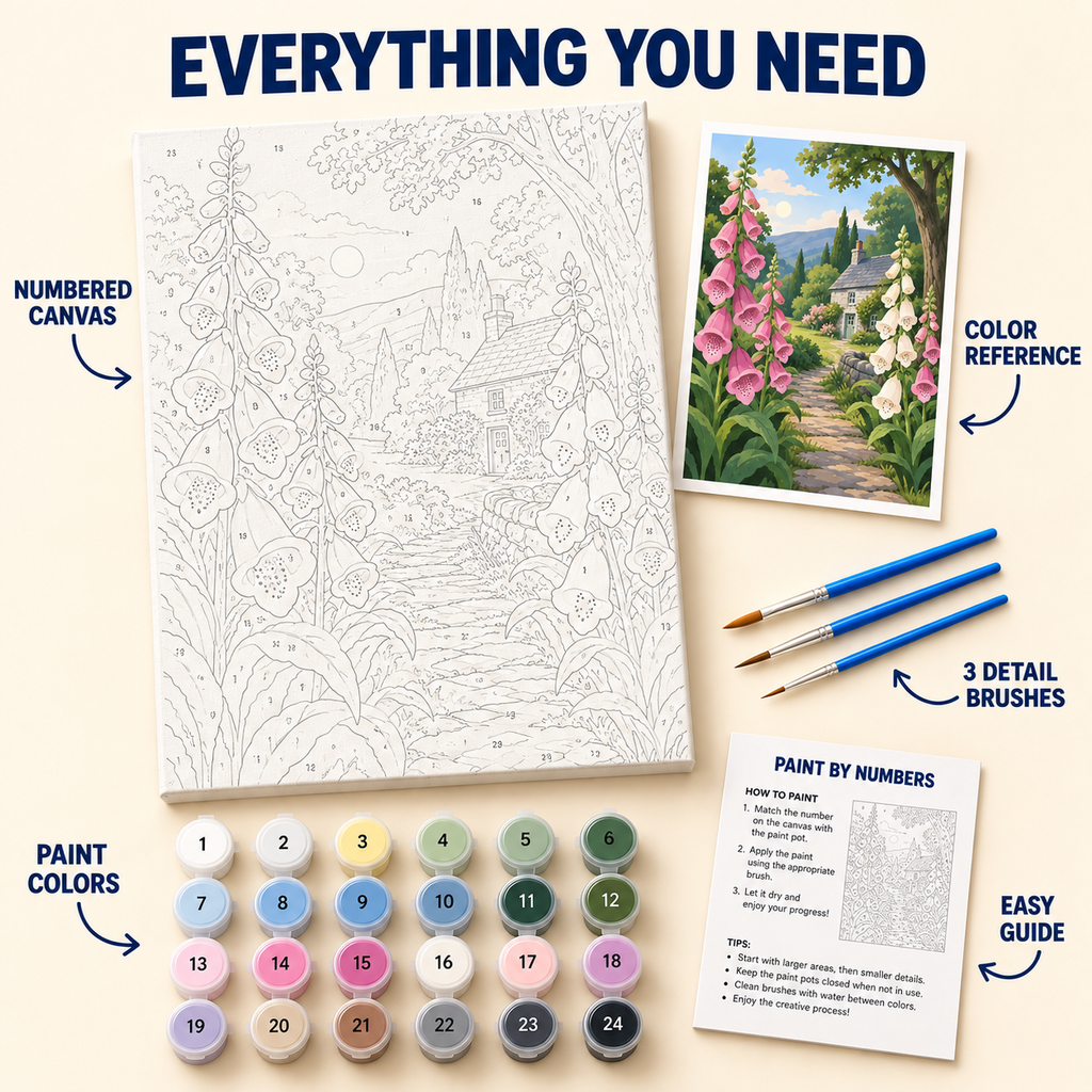 Foxglove Cottage Path paint by numbers kit with numbered canvas, 24 colors, brushes and guide