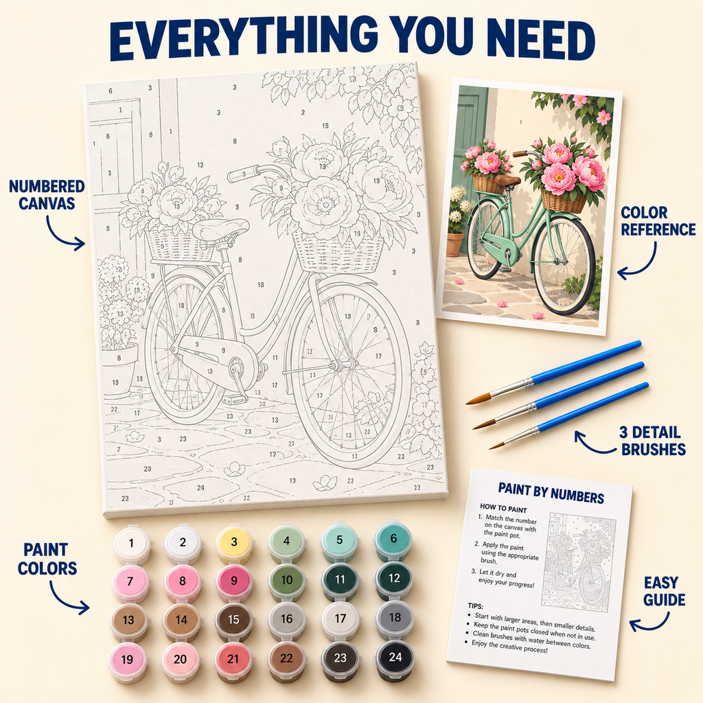 Rose Bicycle paint by numbers kit with numbered canvas, 24 colors, brushes and guide