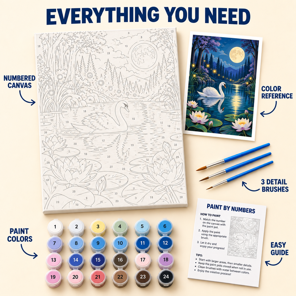 Moonlit Swan paint by numbers kit with numbered canvas, 24 colors, brushes and guide