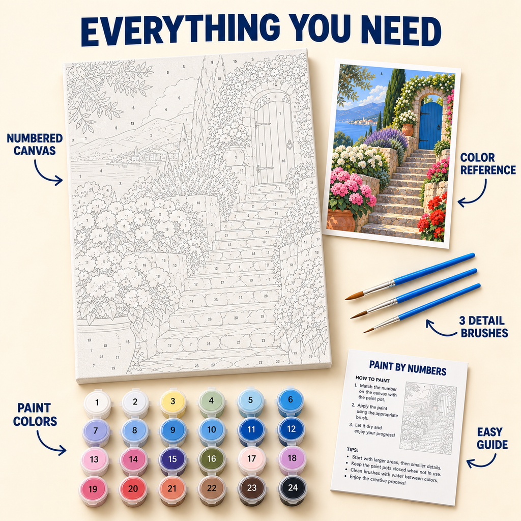 Blue Garden Door paint by numbers kit with numbered canvas, 24 colors, brushes and guide