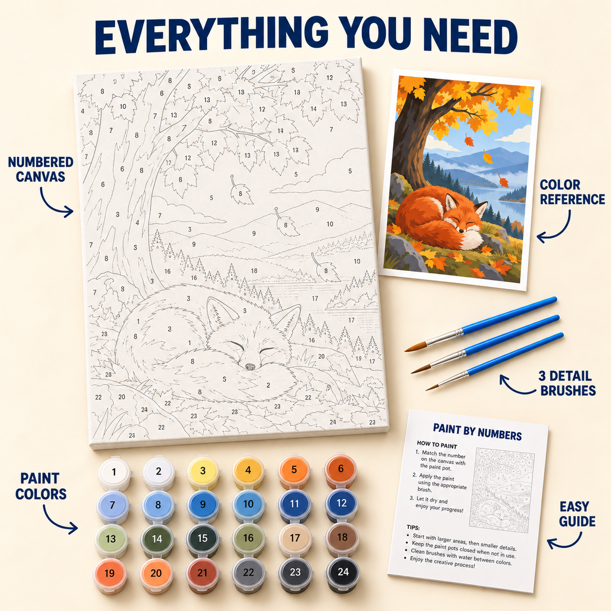 Sleeping Autumn Fox paint by numbers kit with numbered canvas, 24 colors, brushes and guide
