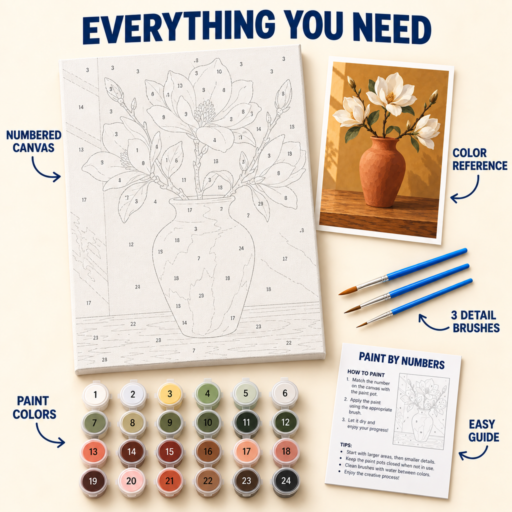 Magnolia Clay Vase paint by numbers kit with numbered canvas, 24 colors, brushes and guide