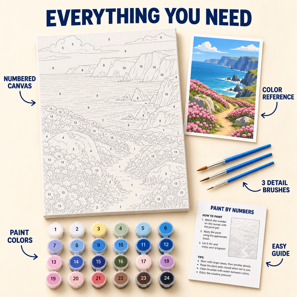 Coastal Heather Path paint by numbers kit with numbered canvas, 24 colors, brushes and guide