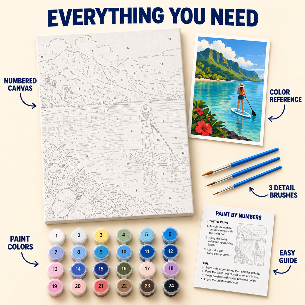 Tropical Paddleboard paint by numbers kit with numbered canvas, 24 colors, brushes and guide