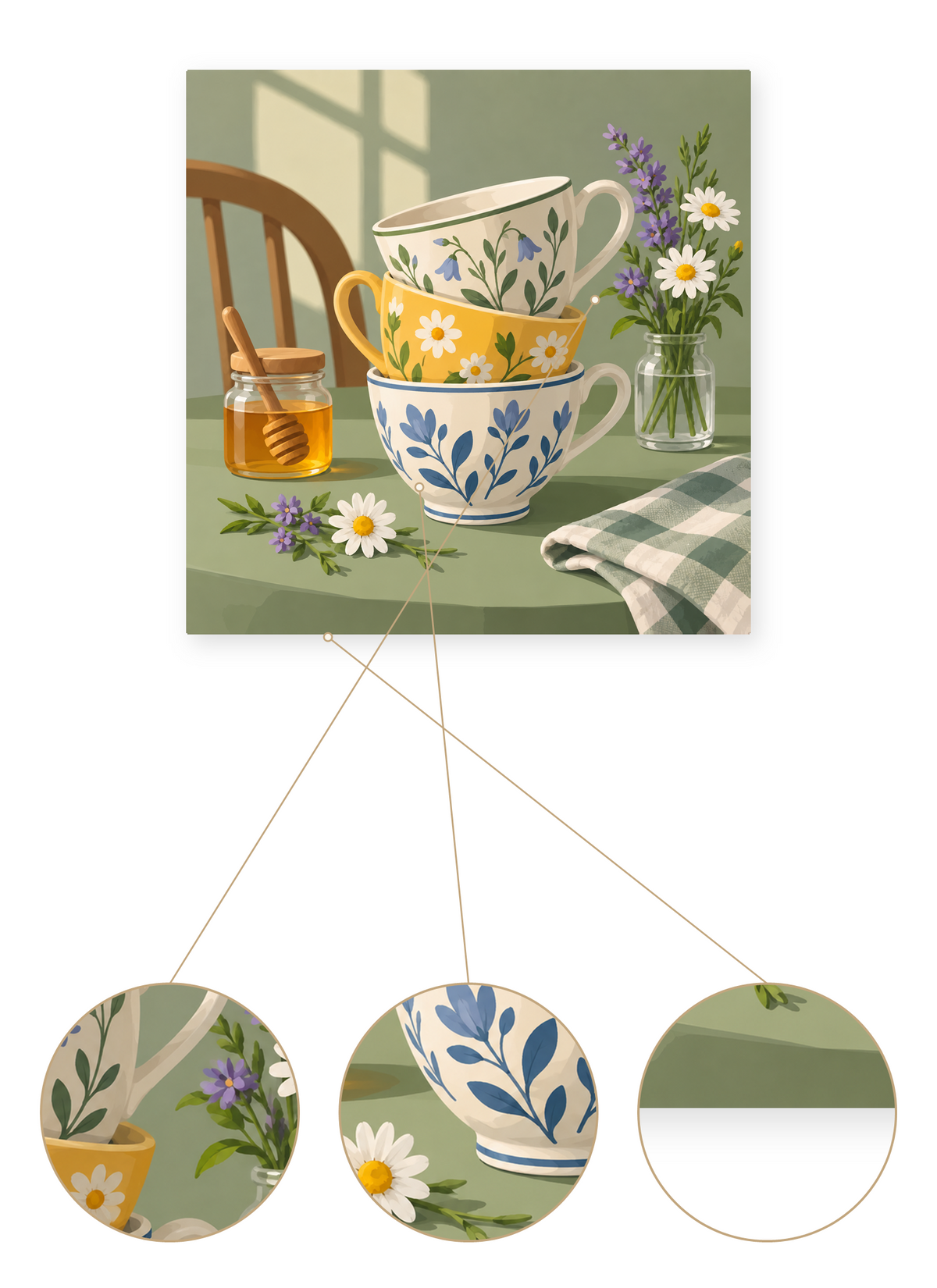 Garden Teacups finished artwork detail