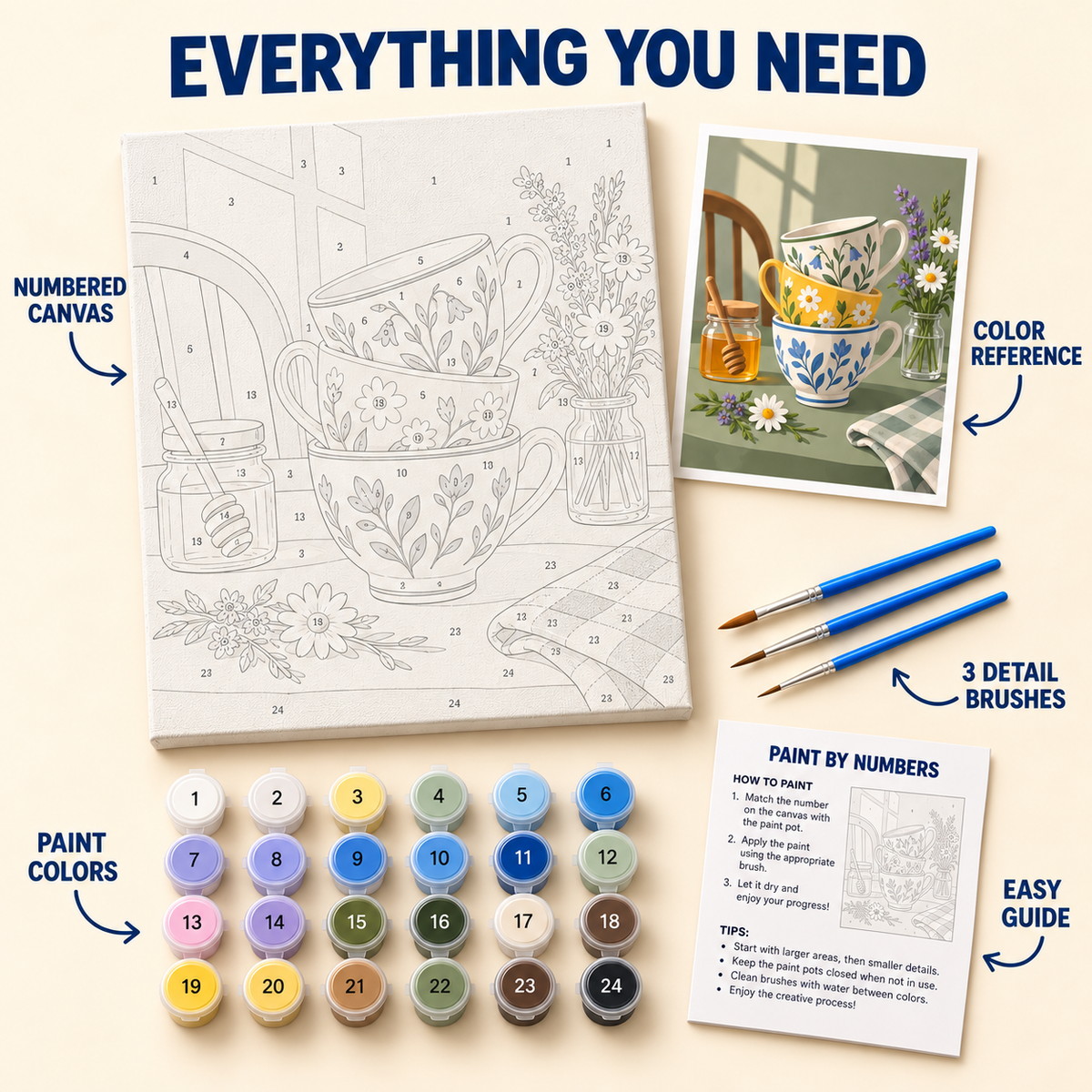 Garden Teacups paint by numbers kit with numbered canvas, 24 colors, brushes and guide