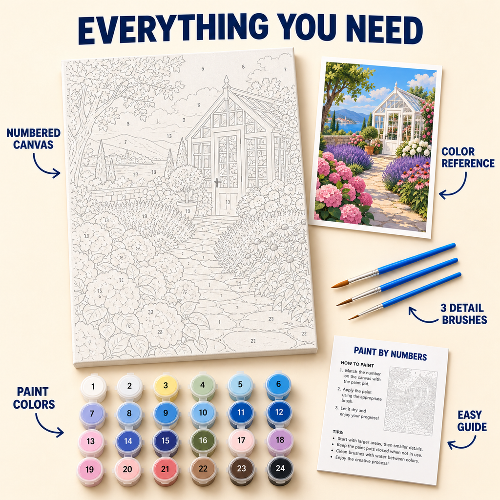 Glasshouse Garden paint by numbers kit with numbered canvas, 24 colors, brushes and guide