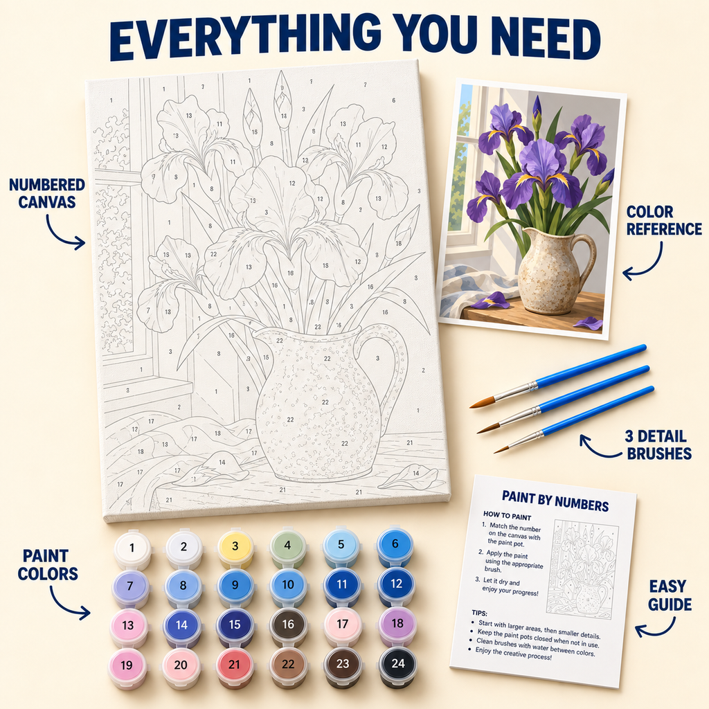 Purple Iris Pitcher paint by numbers kit with numbered canvas, 24 colors, brushes and guide