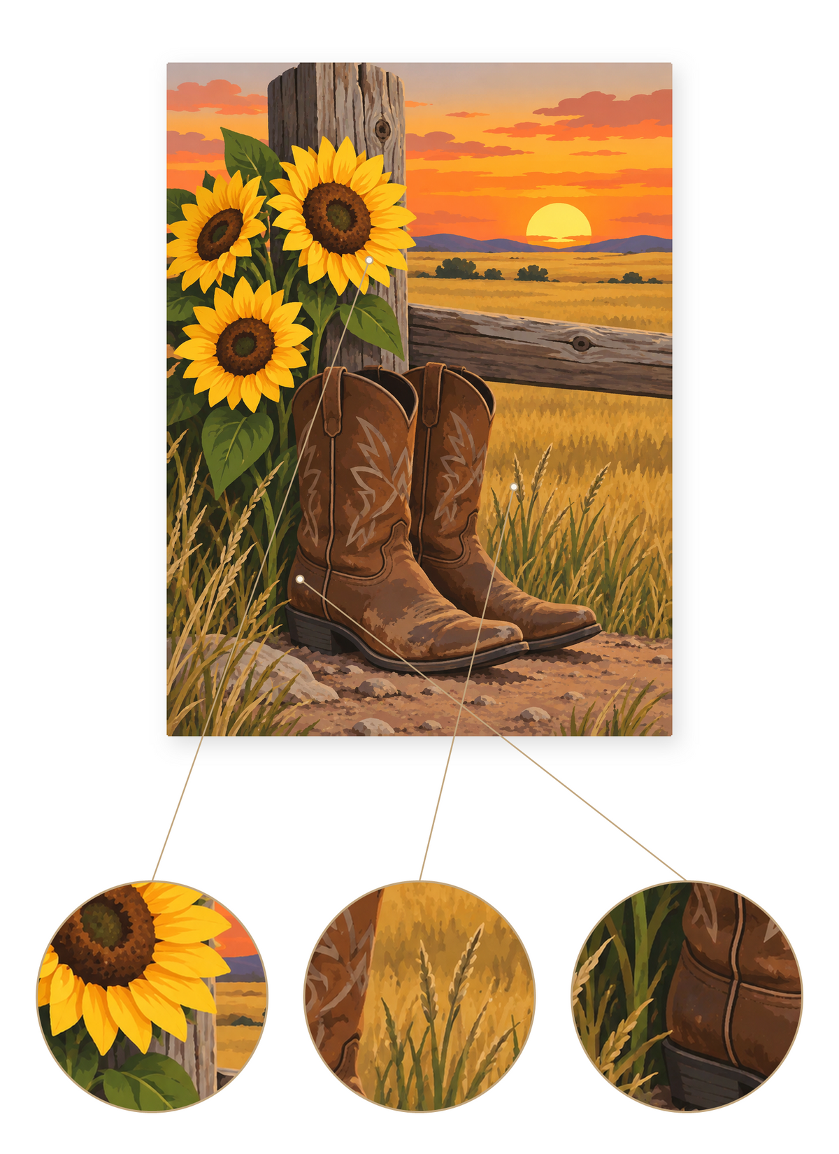 Sunset Cowboy Boots finished artwork detail