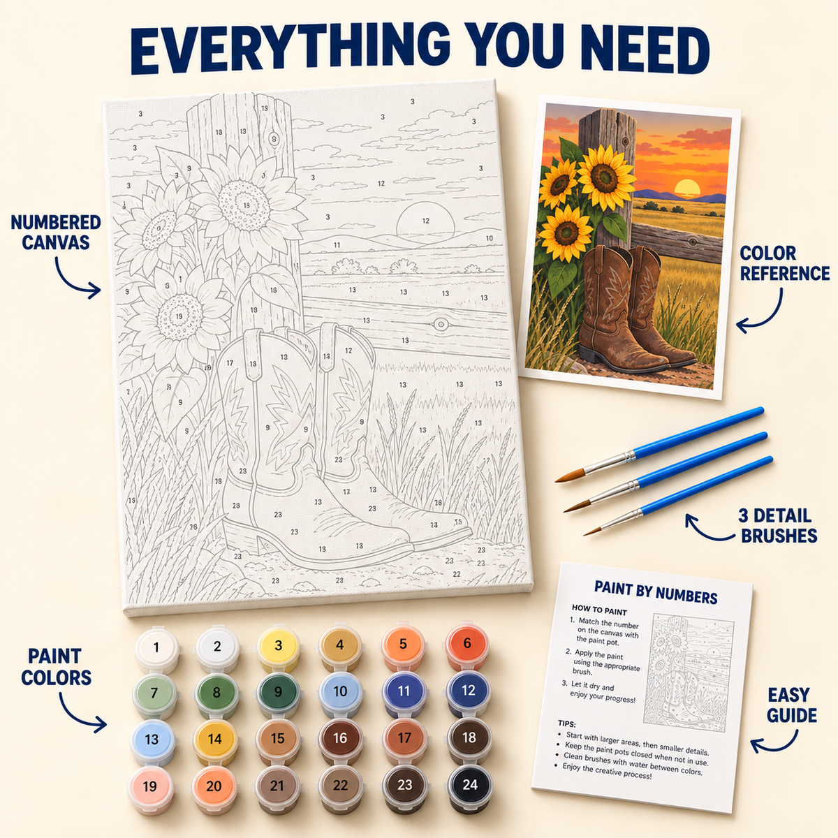 Sunset Cowboy Boots paint by numbers kit with numbered canvas, 24 colors, brushes and guide
