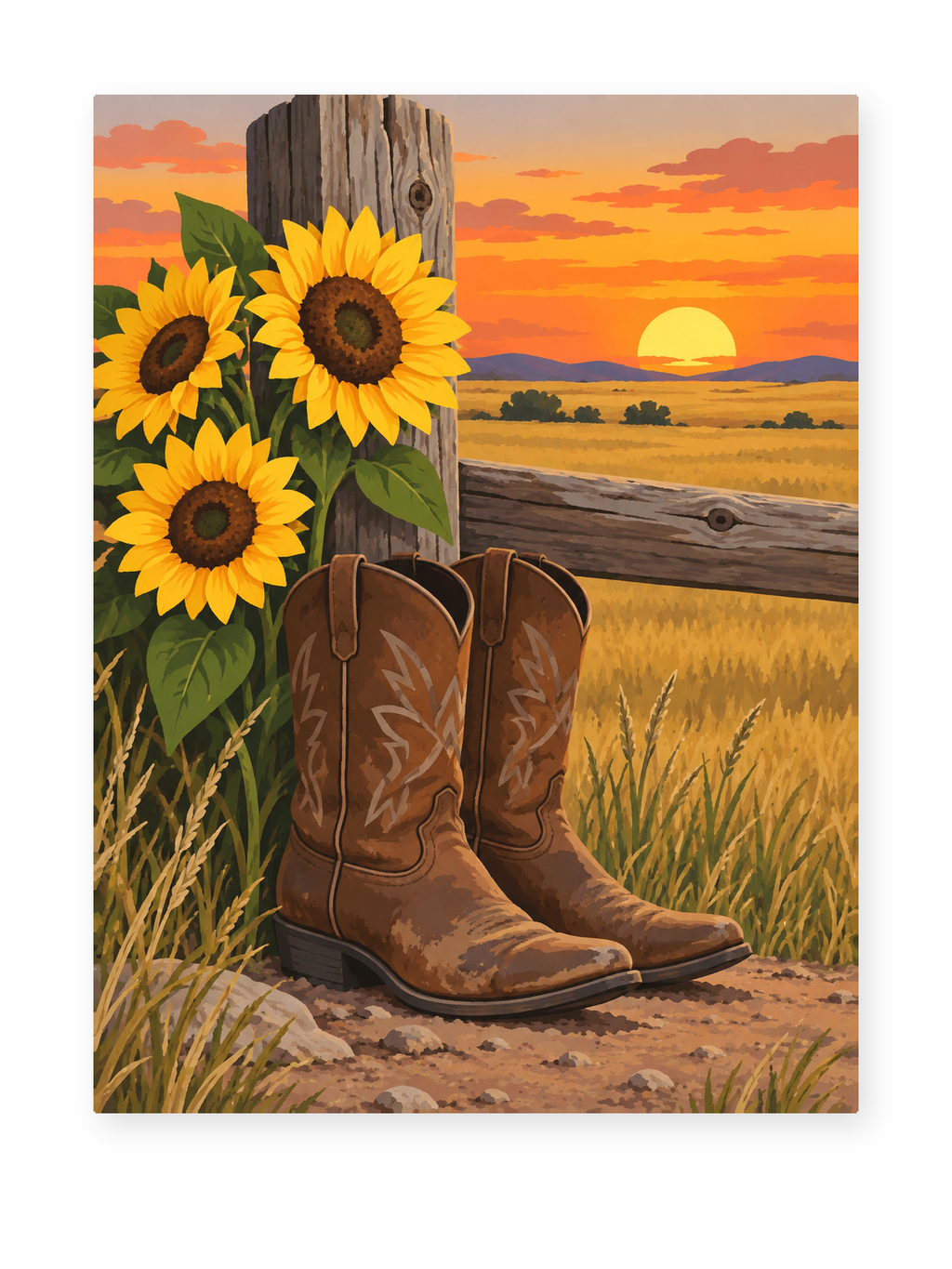 Sunset Cowboy Boots paint by numbers artwork for adults