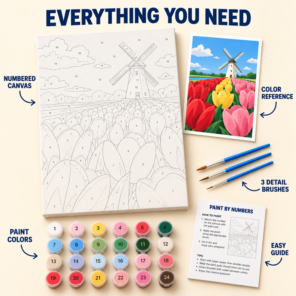 Dutch Tulips paint by numbers kit with numbered canvas, 24 colors, brushes and guide