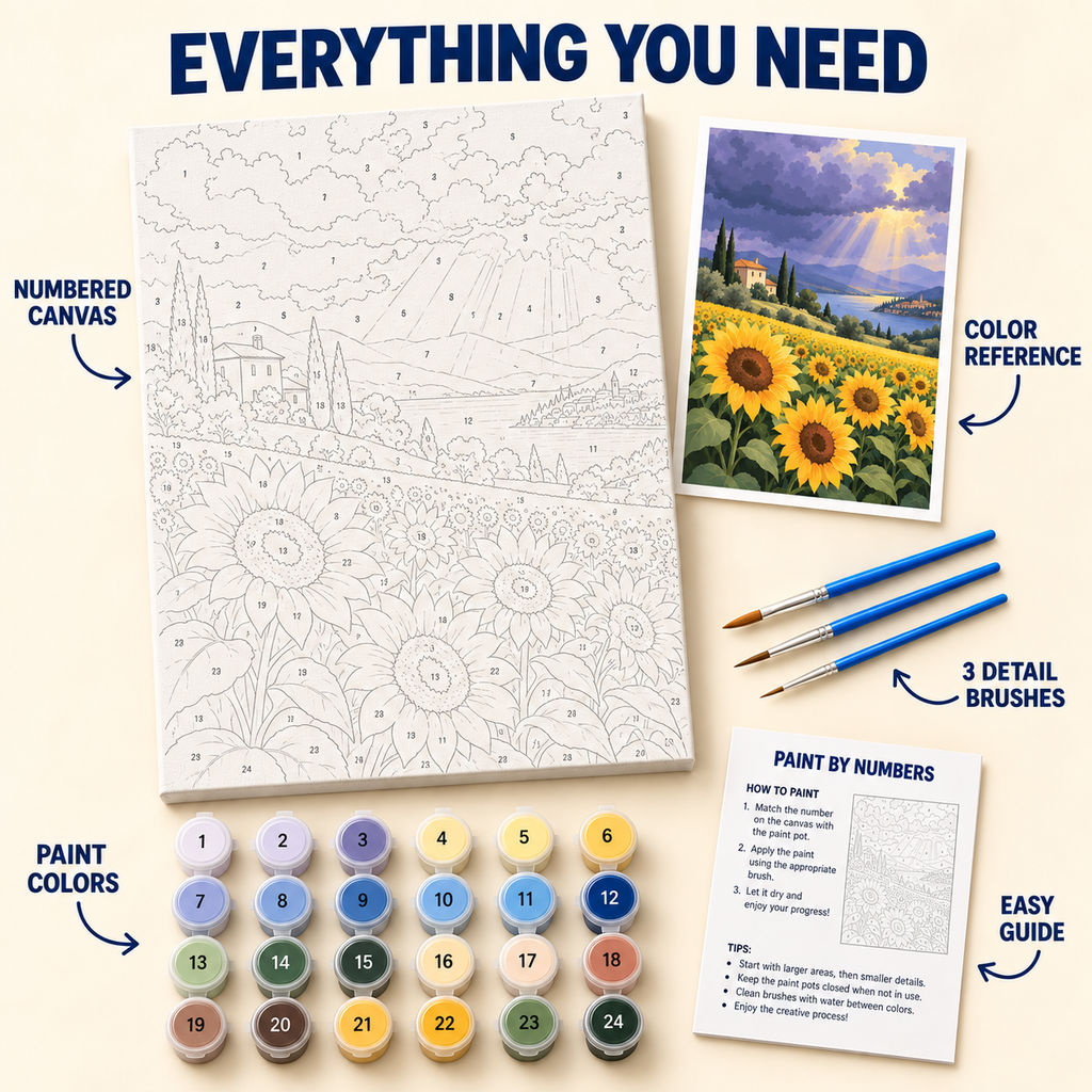 Sunflower Storm paint by numbers kit with numbered canvas, 24 colors, brushes and guide