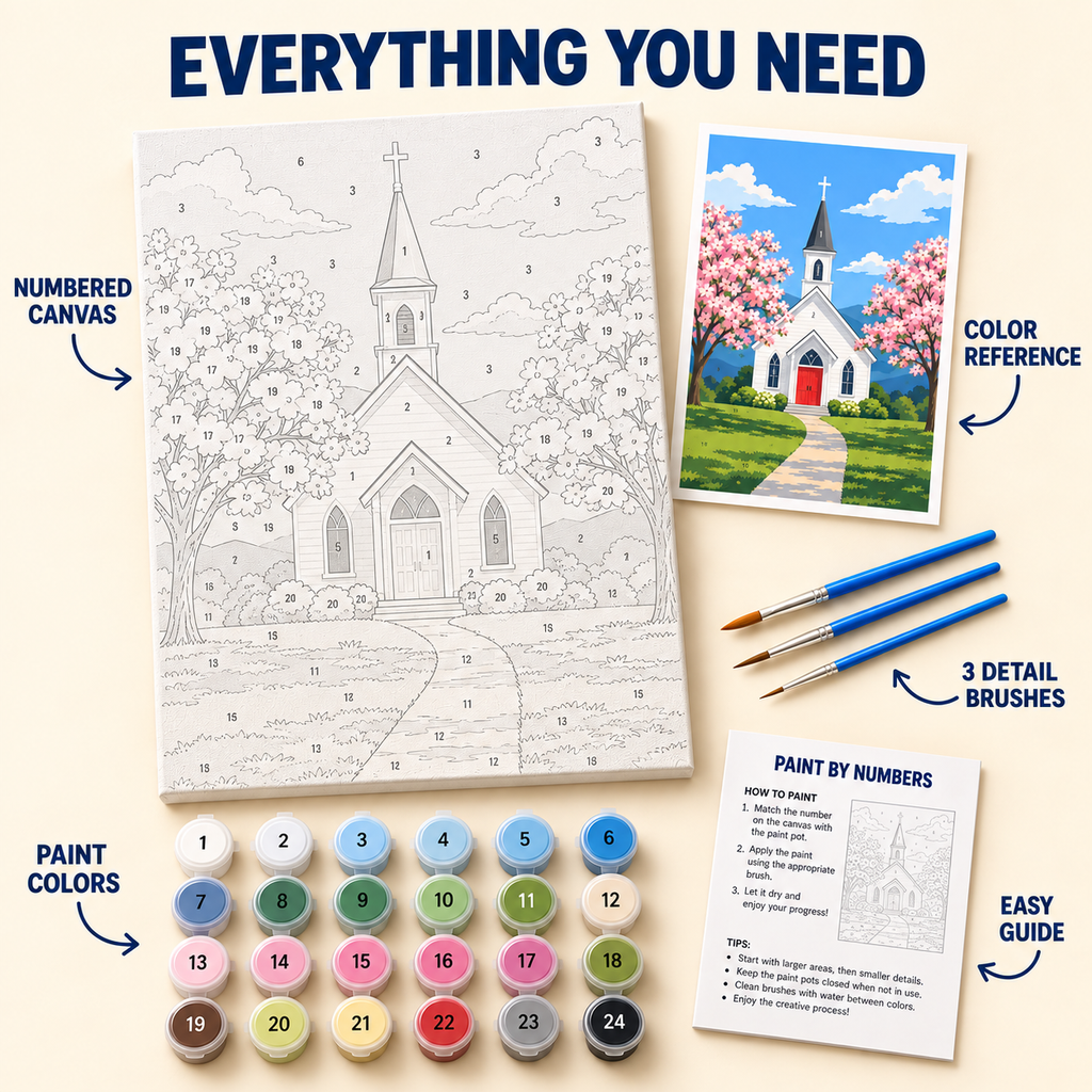 Cherry Blossom Chapel paint by numbers kit with numbered canvas, 24 colors, brushes and guide