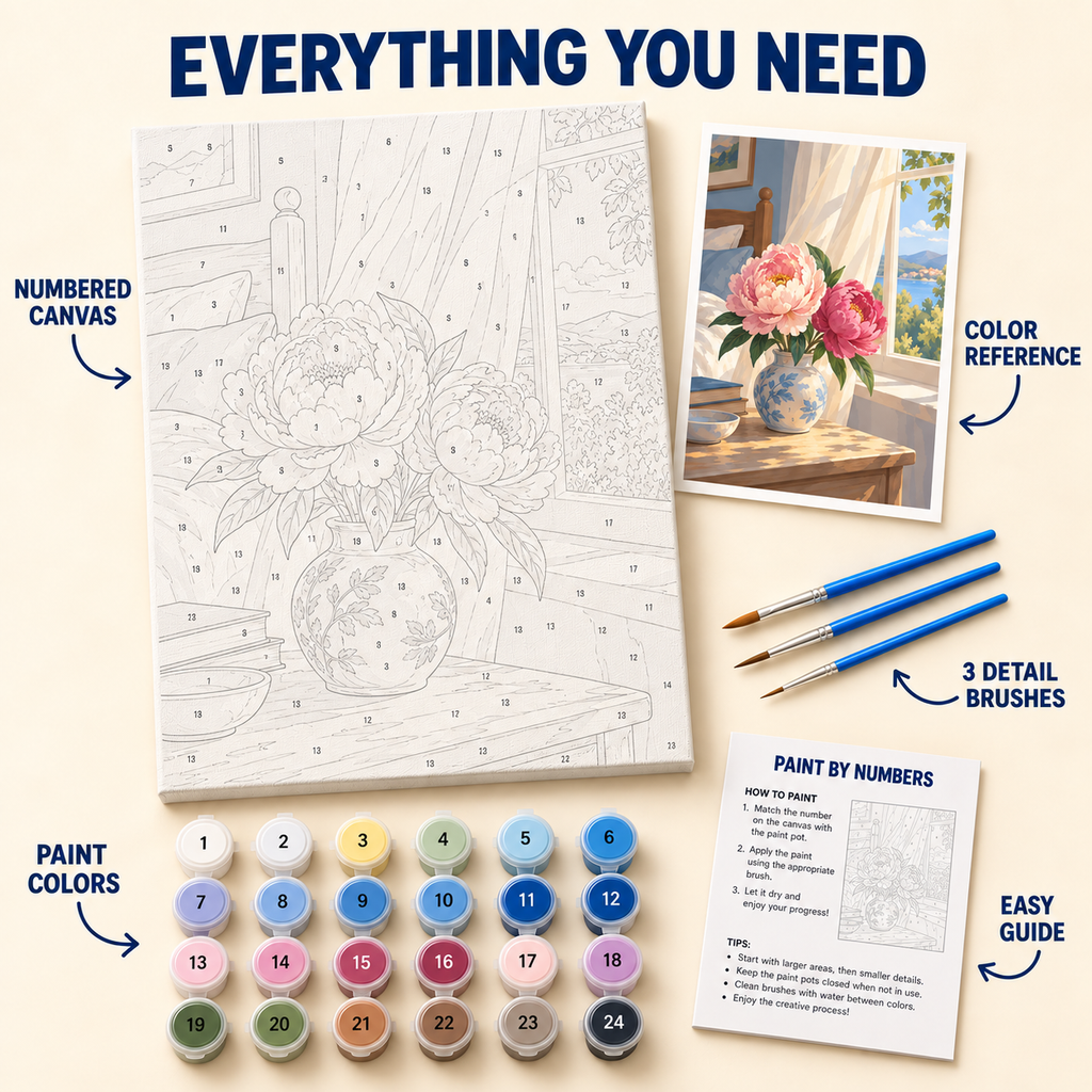 Sunlit Peony Vase paint by numbers kit with numbered canvas, 24 colors, brushes and guide