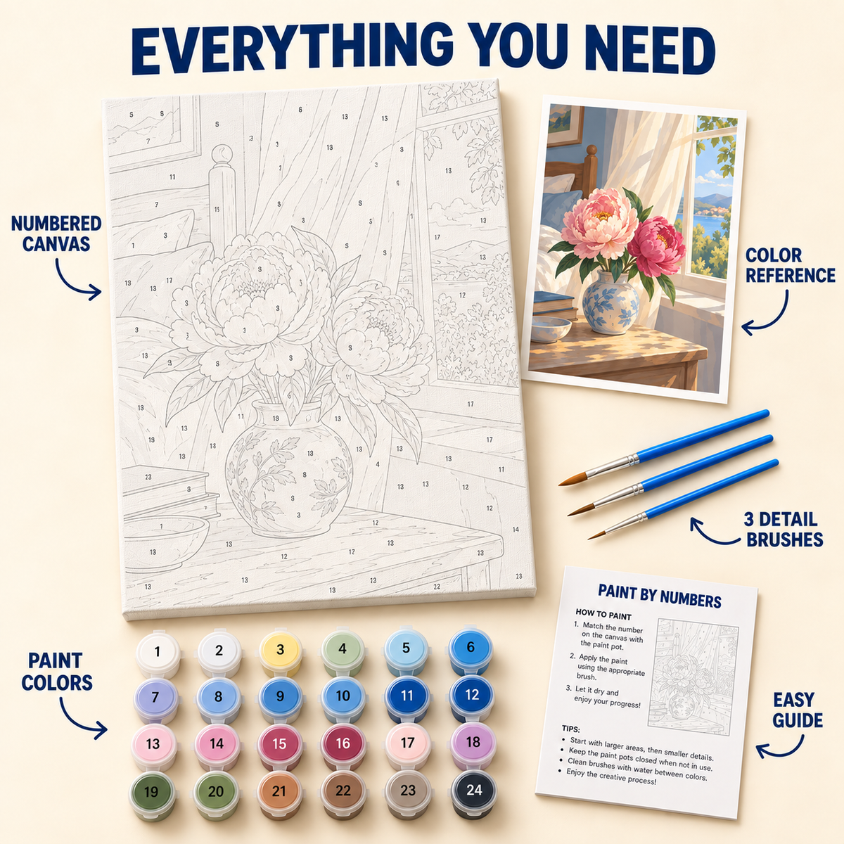 Sunlit Peony Vase paint by numbers kit with numbered canvas, 24 colors, brushes and guide