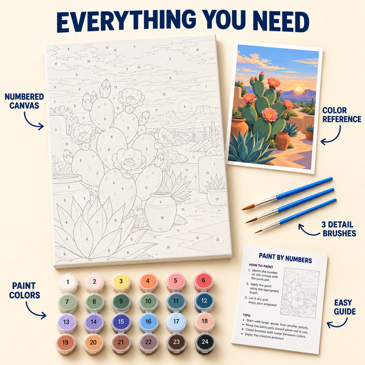 Desert Cactus Sunset paint by numbers kit with numbered canvas, 24 colors, brushes and guide